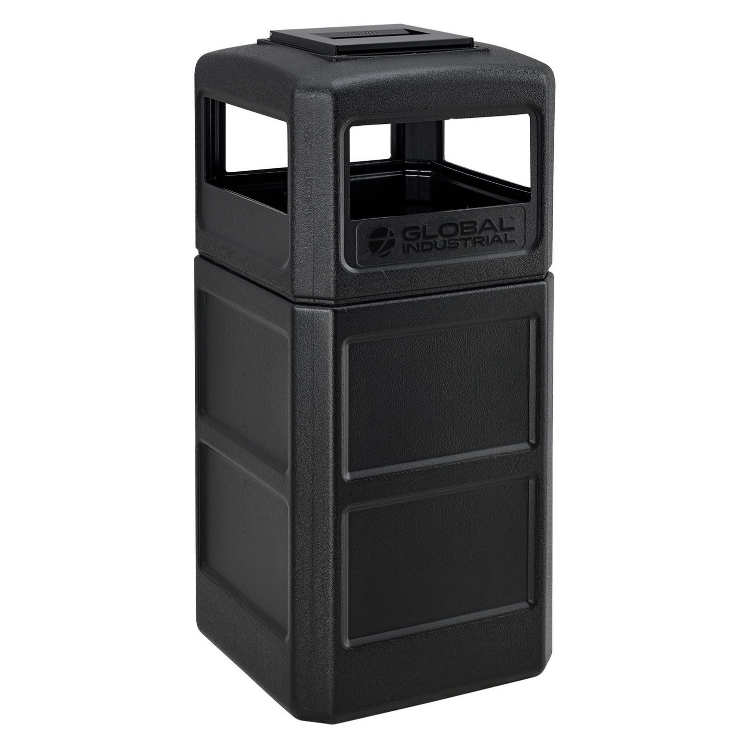 Square Plastic Waste Receptacle, Ashtray Lid with Open Sides, 42 gal, Black