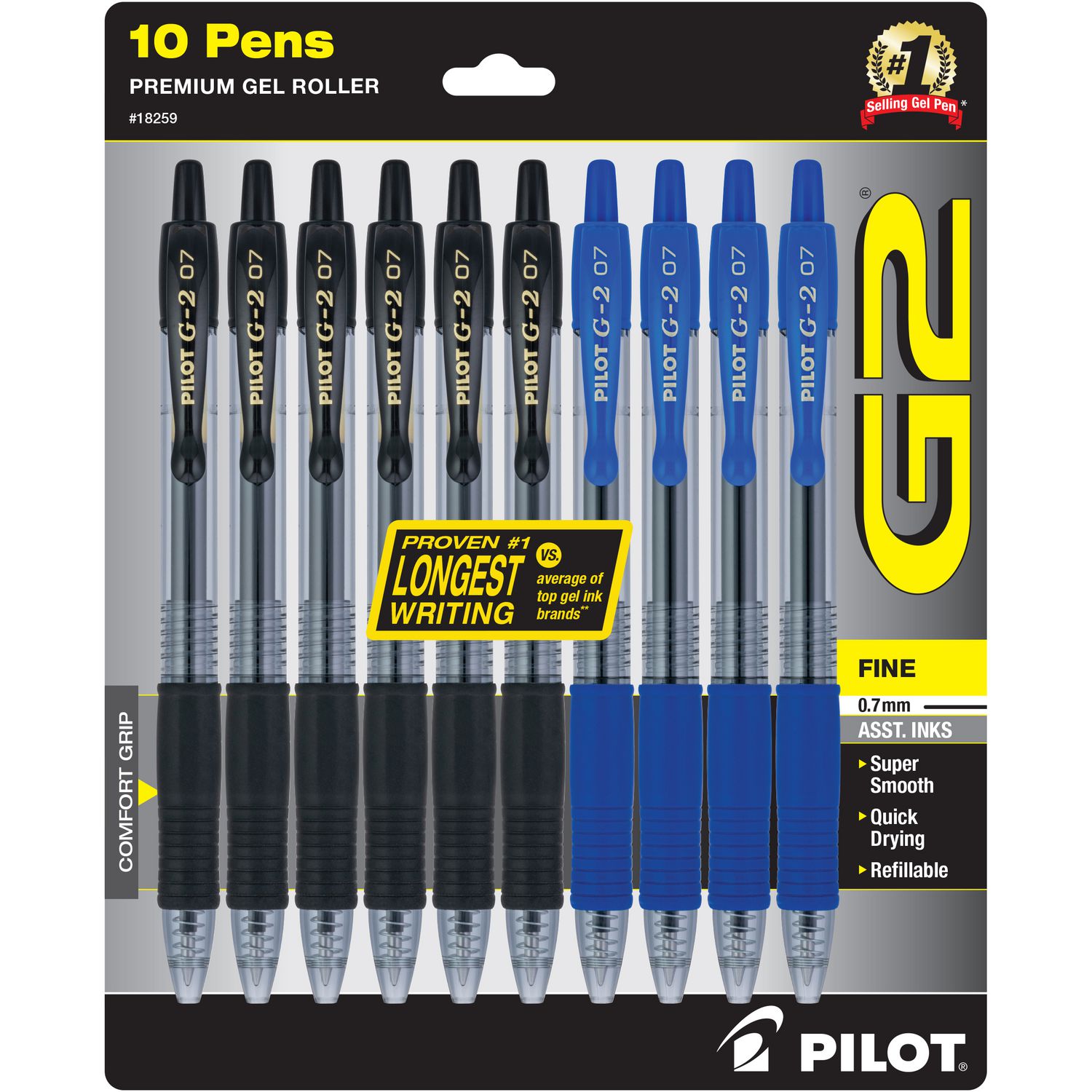 G2 Premium Gel Pen, Retractable, Fine 0.7 mm, Assorted Ink/Barrel Colors, 10/Pack