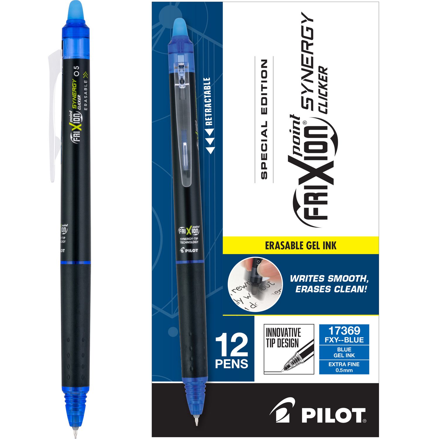 FriXion Synergy Clicker Erasable Gel Pen, Retractable, Extra-Fine 0.5 mm, Blue Ink, Black/Blue Barrel, Dozen