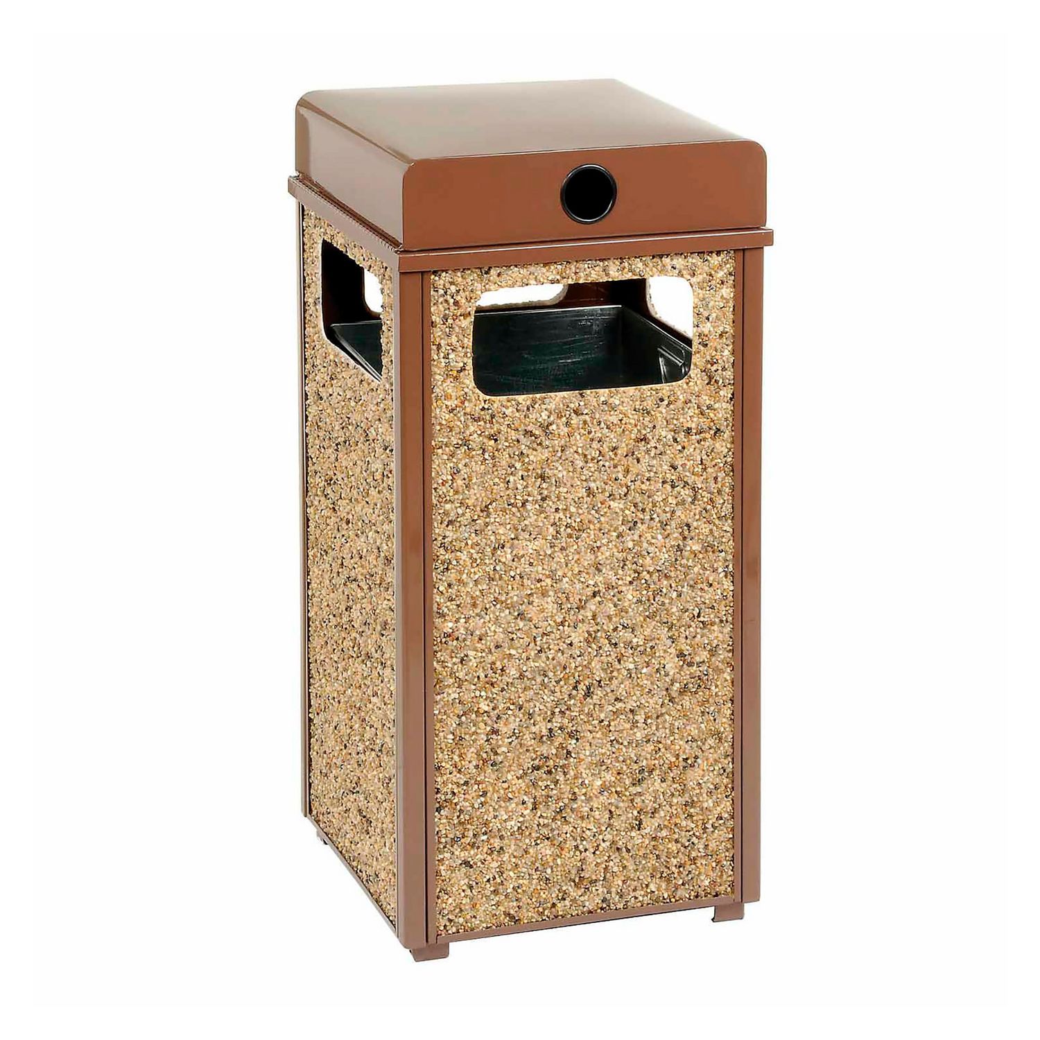 Stone Panel All Weather Trash Receptacle Urn, 12 gal, Steel, Brown