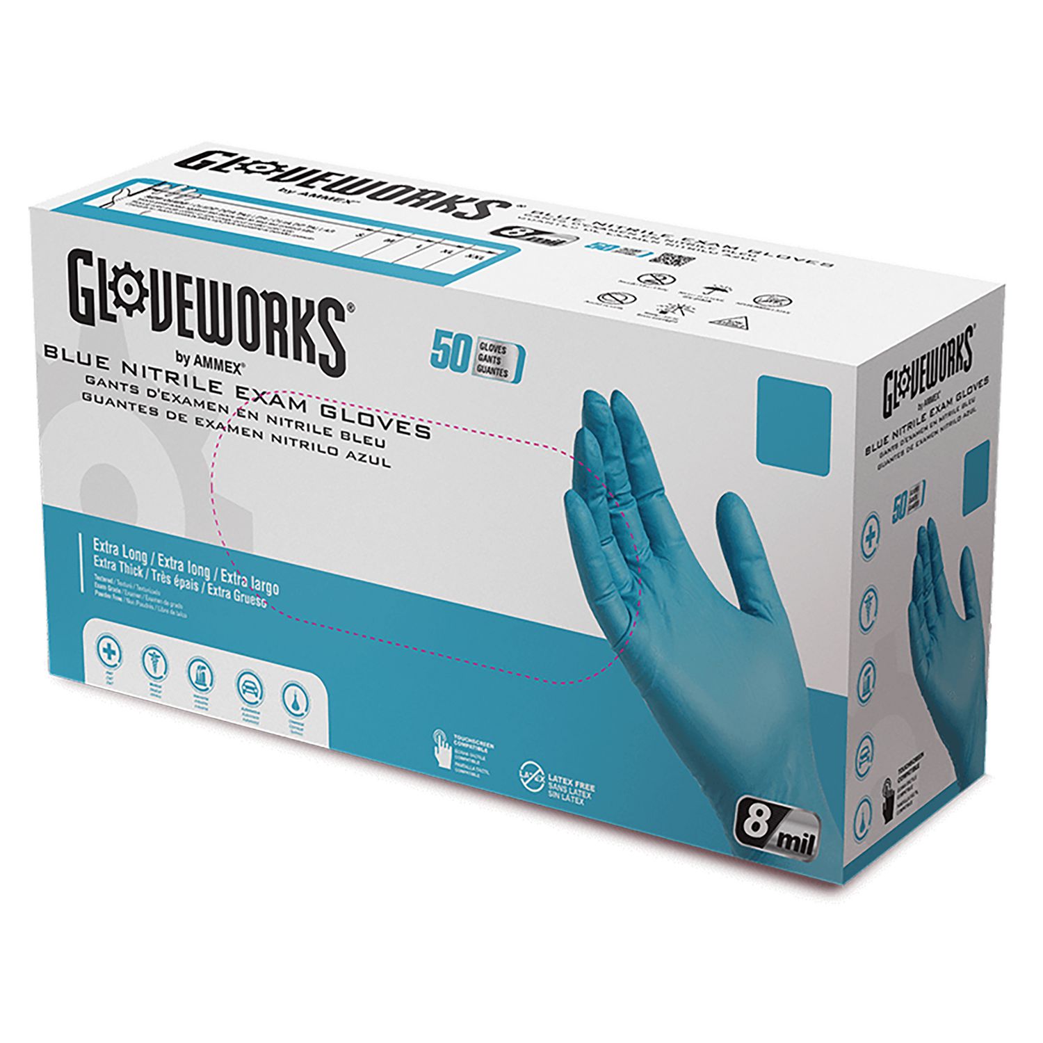 Blue Nitrile Exam Gloves, Powder-Free, X-Large, Blue, 8 mil, 50/Box, 10 Boxes/Carton