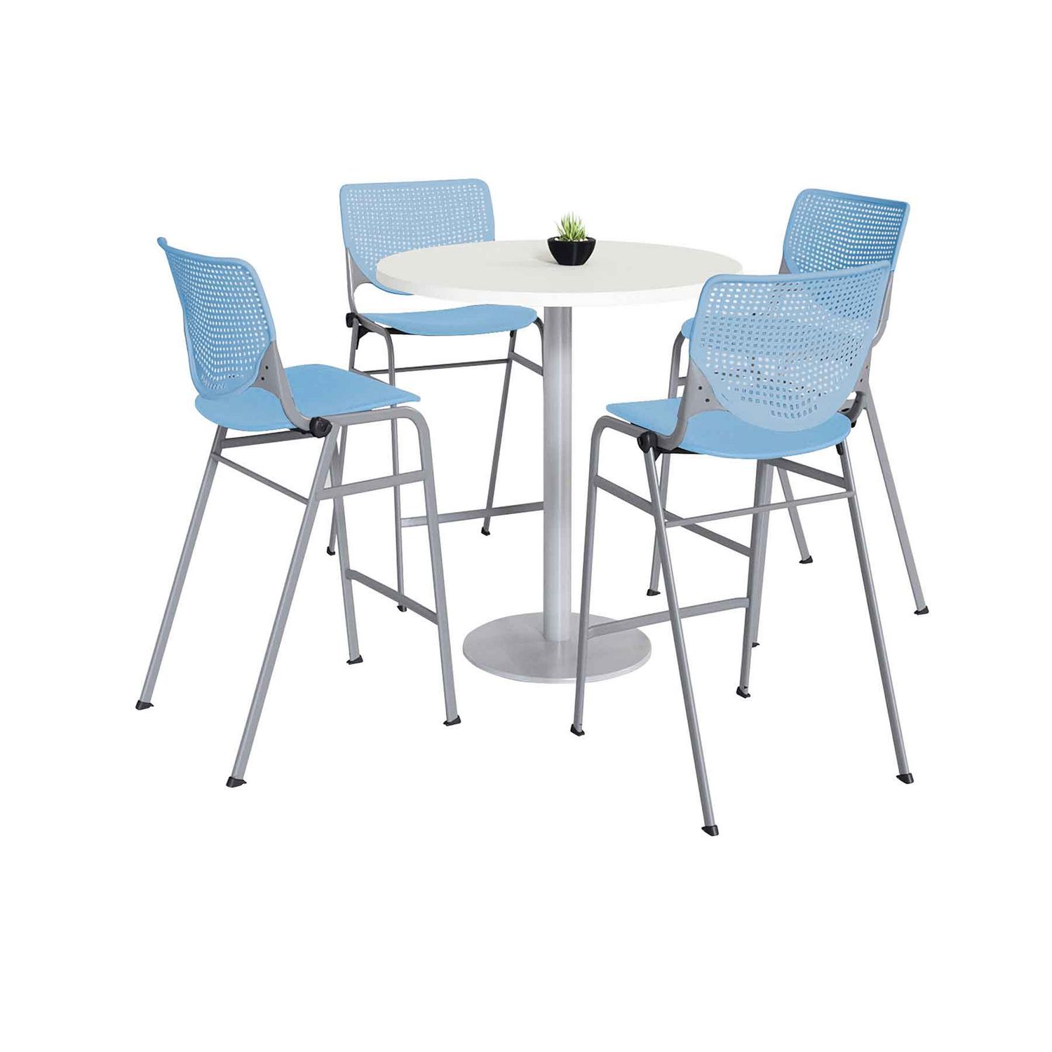 Pedestal Bistro Table with Four Sky Blue Kool Series Barstools, Round, 36″ Dia x 41h, Designer White