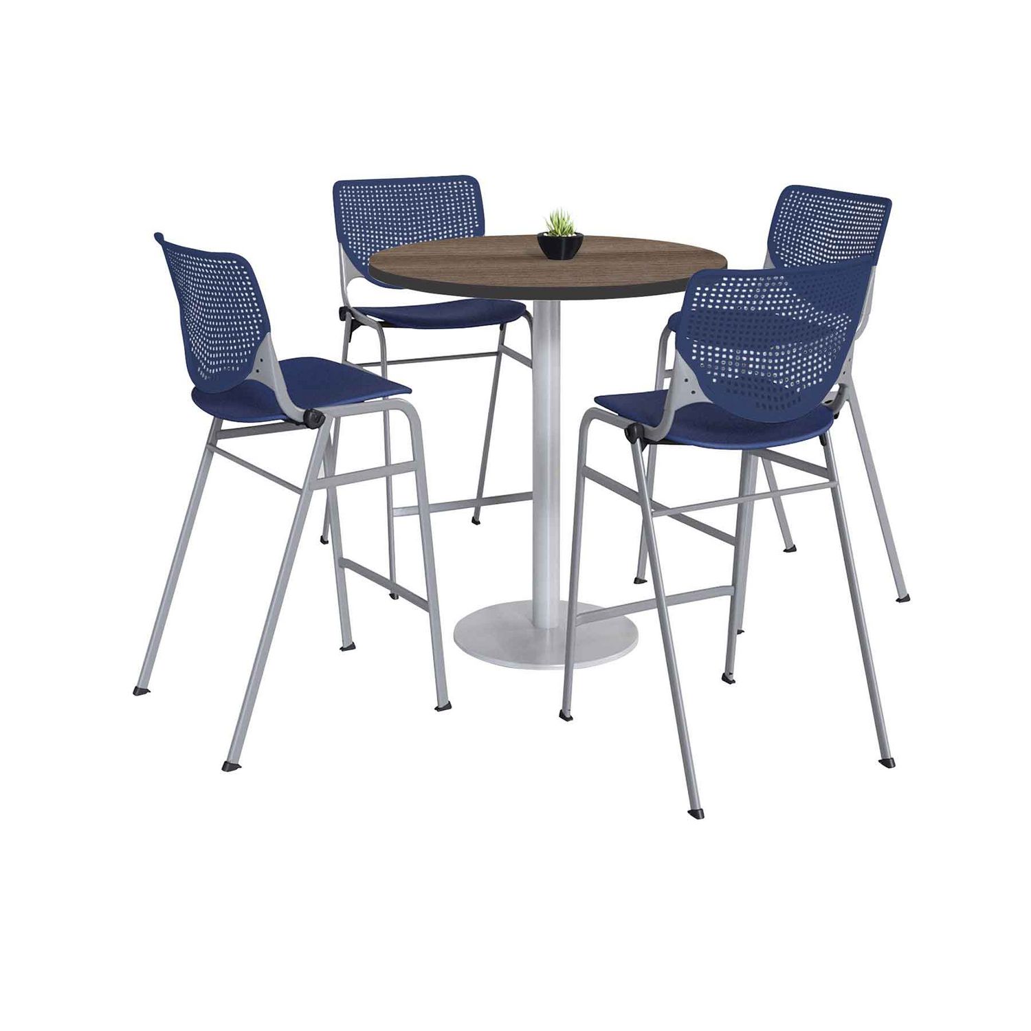 Pedestal Bistro Table with Four Navy Kool Series Barstools, Round, 36″ Dia x 41h, Studio Teak