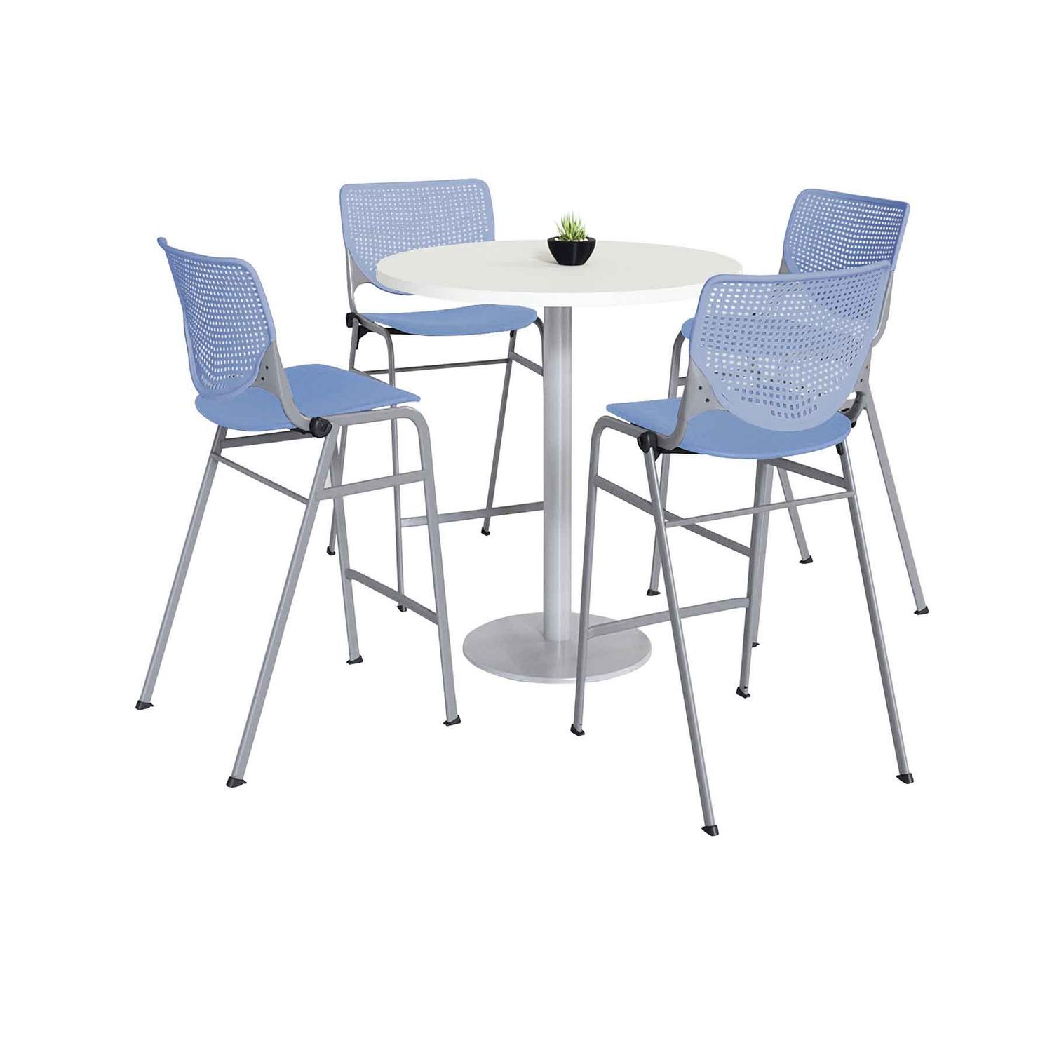 Pedestal Bistro Table with Four Periwinkle Kool Series Barstools, Round, 36″ Dia x 41h, Designer White