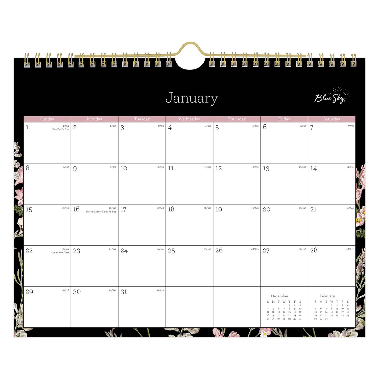 Neveah Monthly Wall Calendar, Floral Artwork, 11″ x 8.75″, White/Black/Pink Sheets, 12-Month (Jan to Dec): 2025