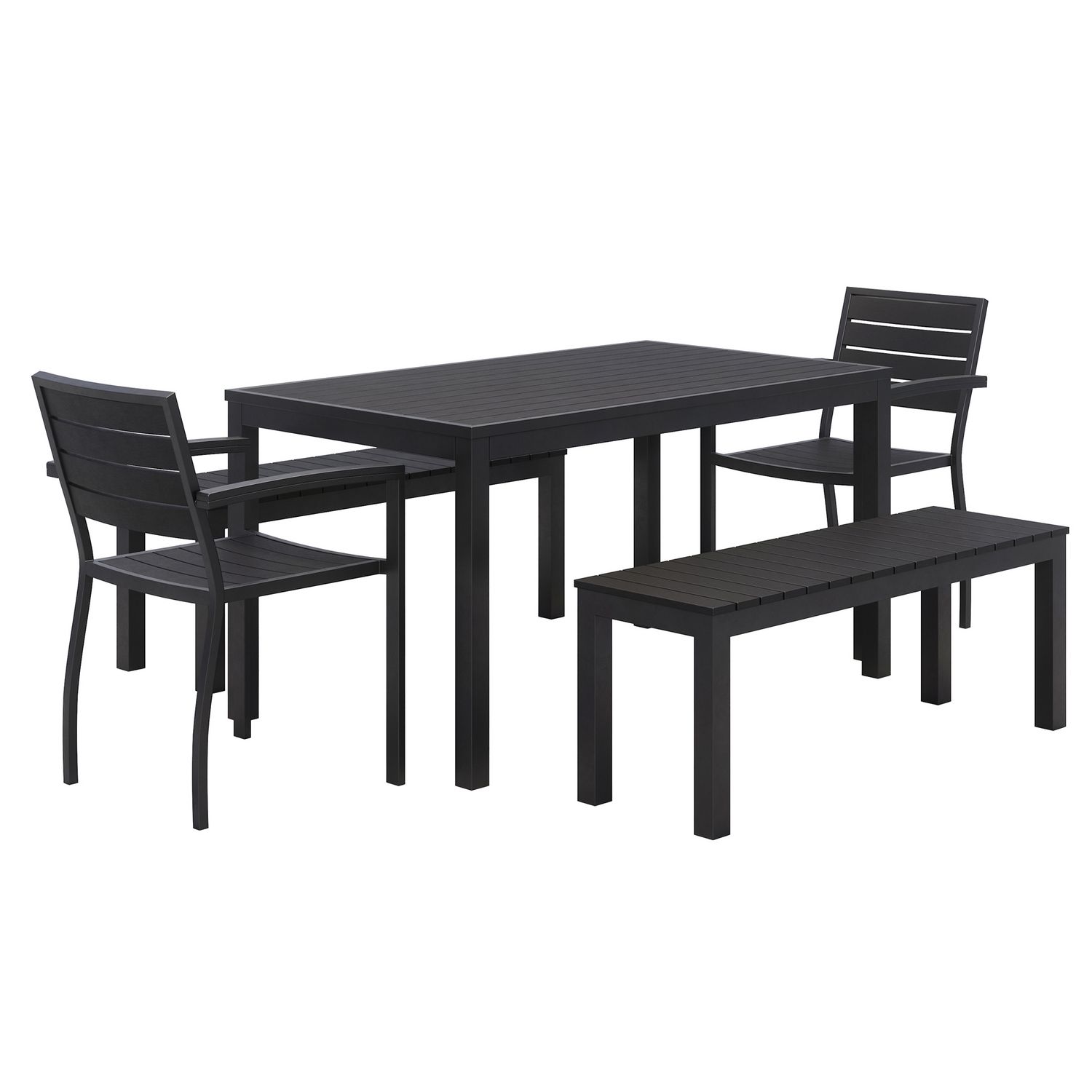 KFI Studios Eveleen Outdoor Patio Table with Two Black Powder-Coated Polymer Chairs and Two Benches, 32 x 55, Gray