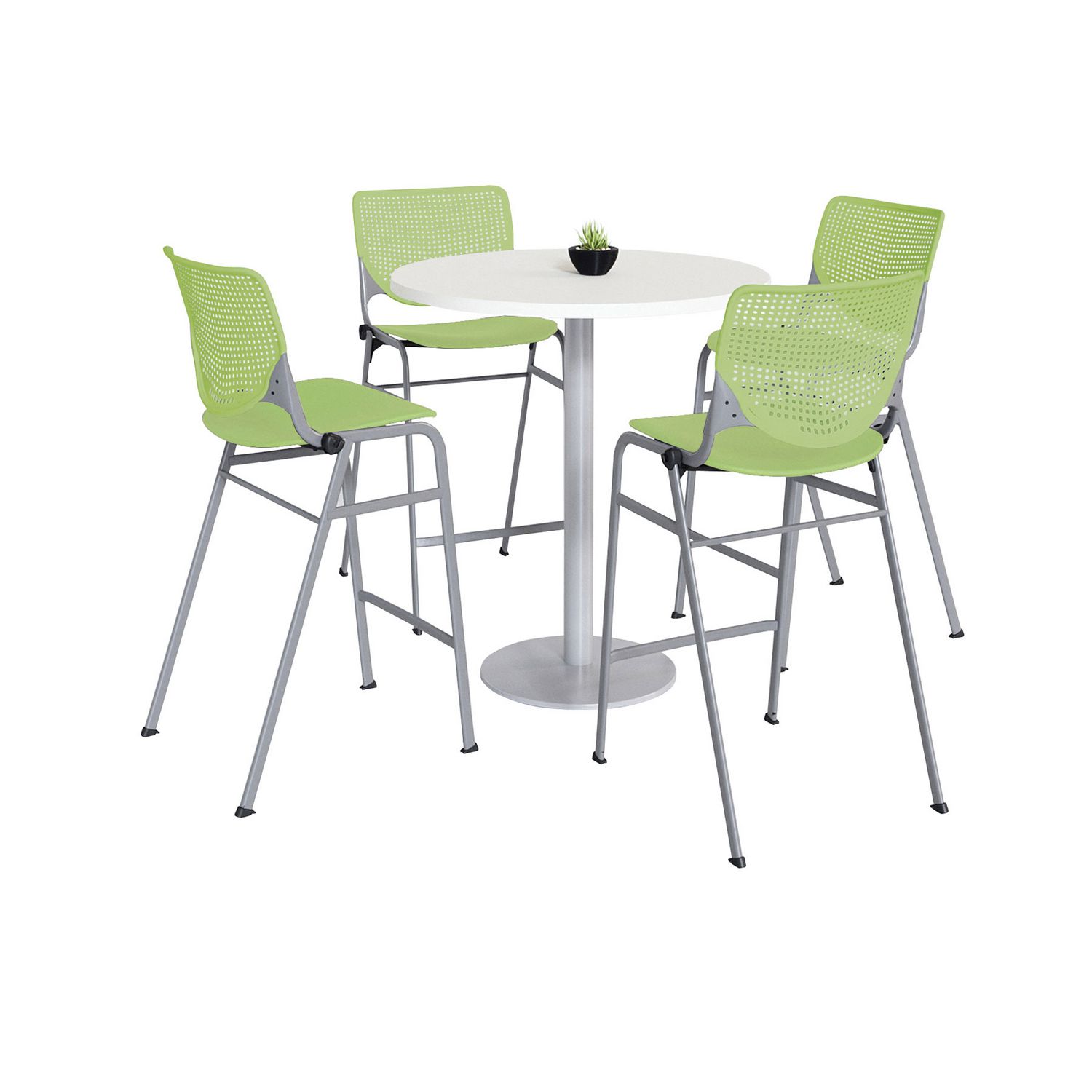 Pedestal Bistro Table with Four Lime Green Kool Series Barstools, Round, 36″ Dia x 41h, Designer White