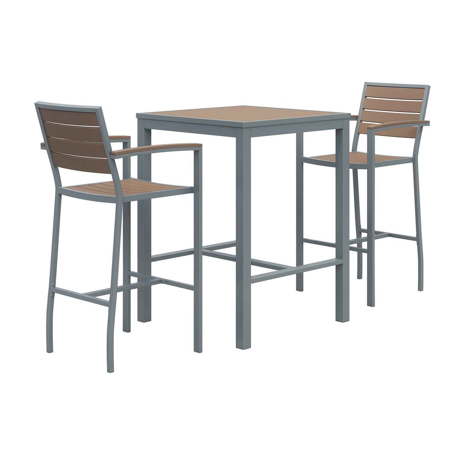 KFI Studios Eveleen Outdoor Bistro Patio Table with Two Mocha Powder-Coated Polymer Barstools, 30 Square, Mocha