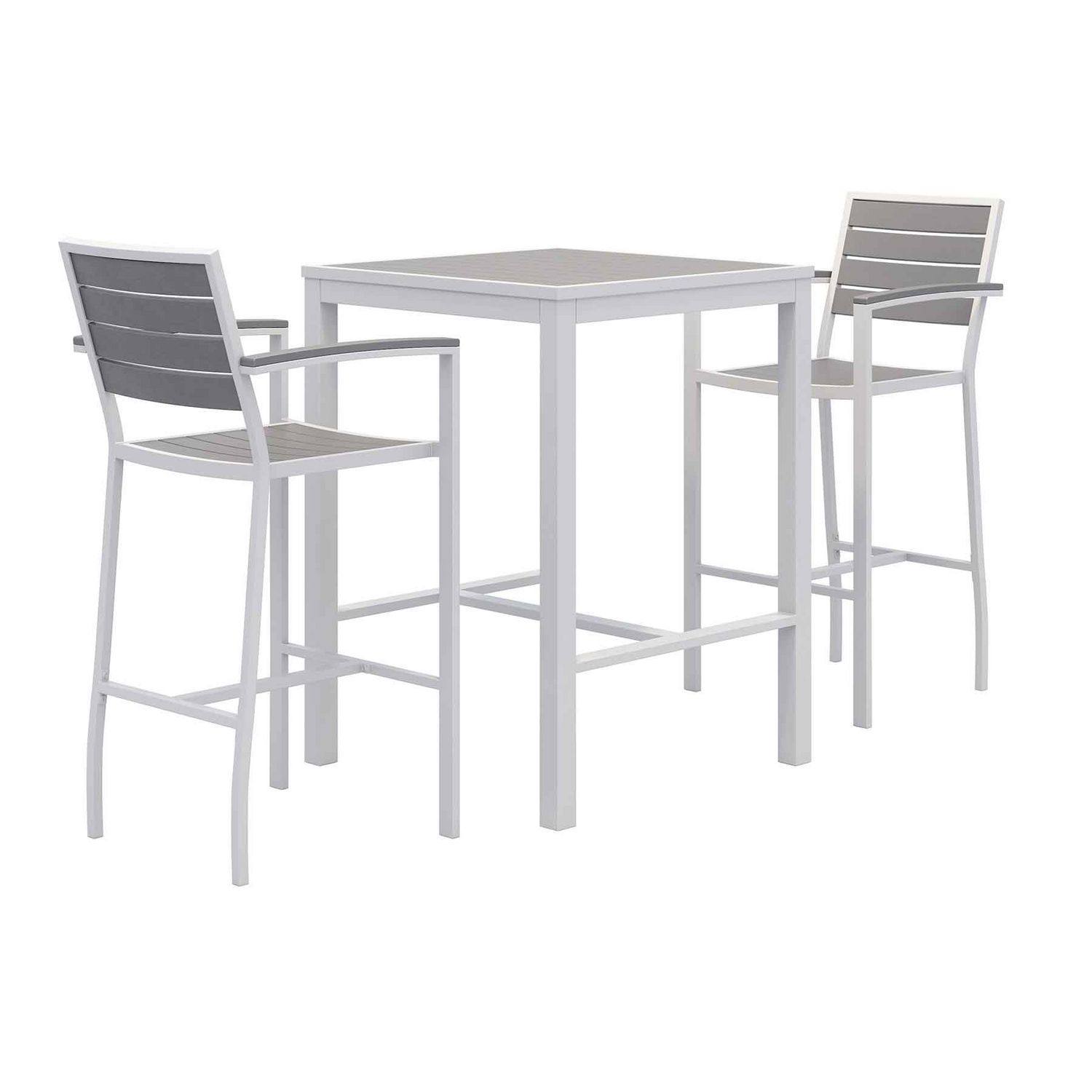 Eveleen Outdoor Bistro Patio Table with Two Gray Powder-Coated Polymer Barstools, 30″ Square, Gray