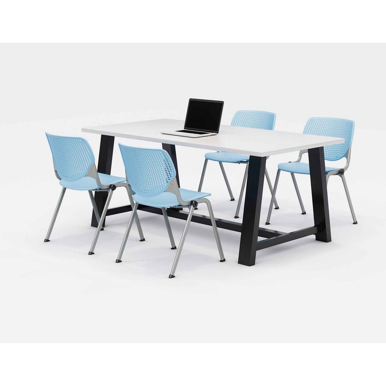 Midtown Dining Table with Four Sky Blue Kool Series Chairs, 36 x 72 x 30, Designer White