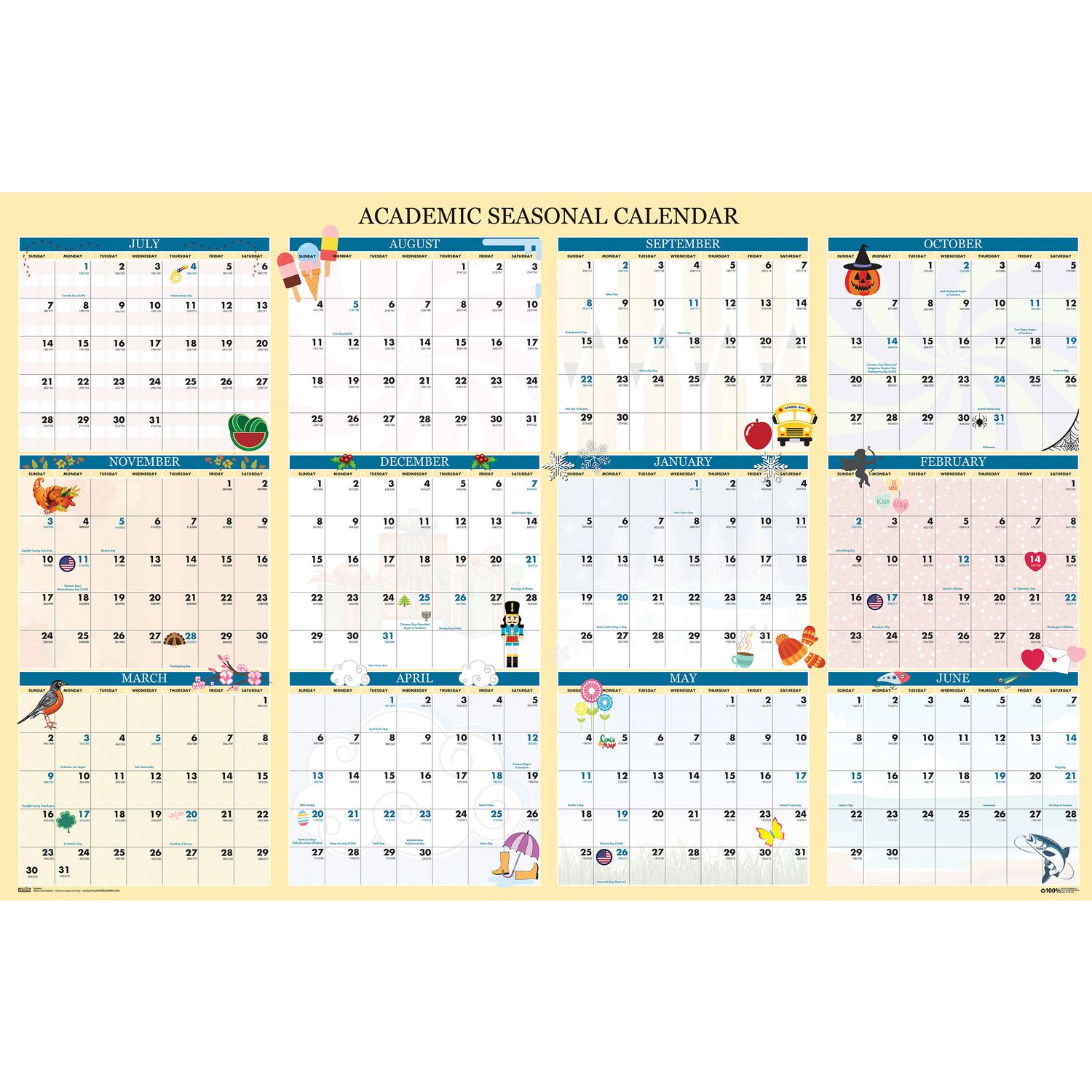 Recycled Academic Seasonal Laminated Wall Calendar, Illustrated Seasons, 24 x 37, 12-Month (July 