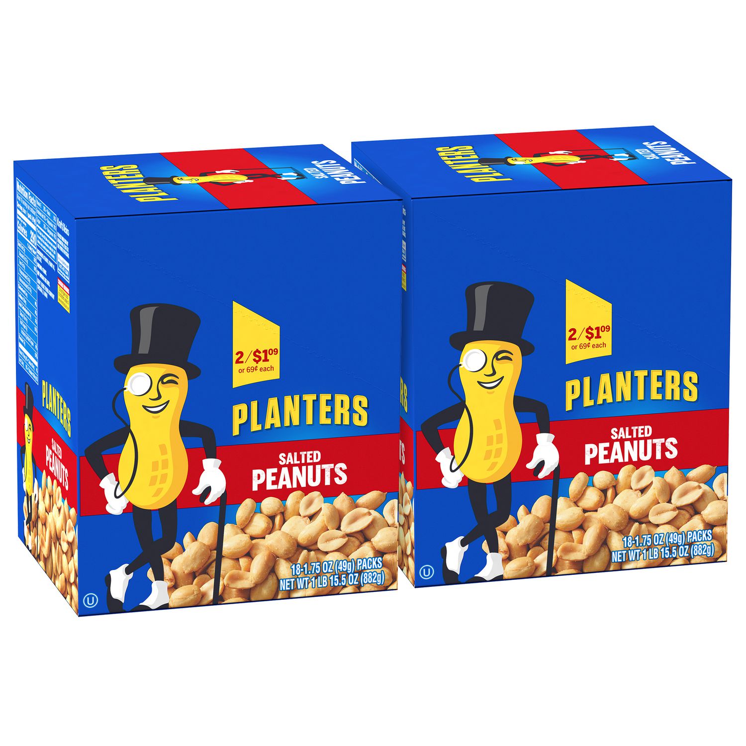 Salted Peanuts, 1.75 oz Pack, 18 Packets/Box, 2 Boxes/Carton