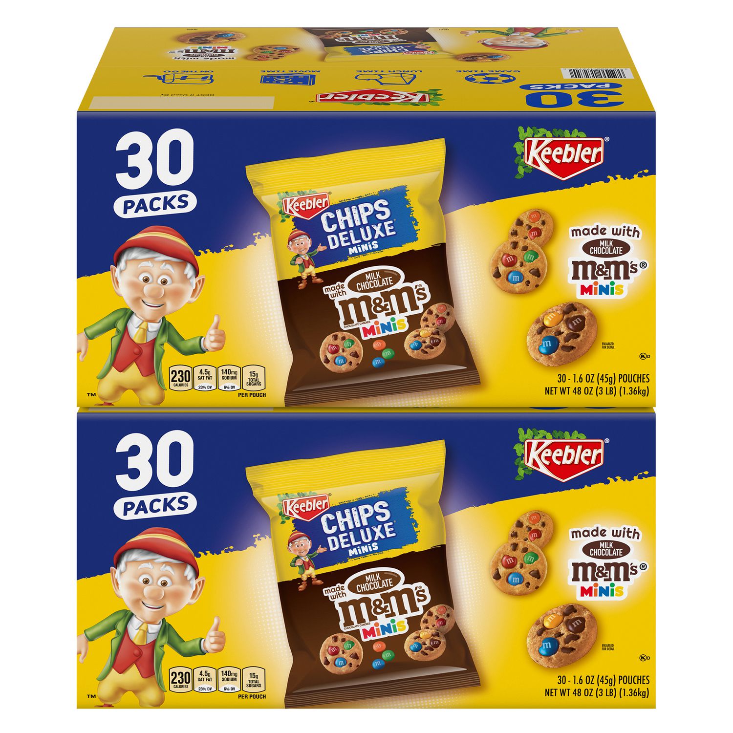 Keebler® M&M Cookie Packs, Chocolate, 1.6 oz Pouch, 30/Box, 2 Boxes/Carton