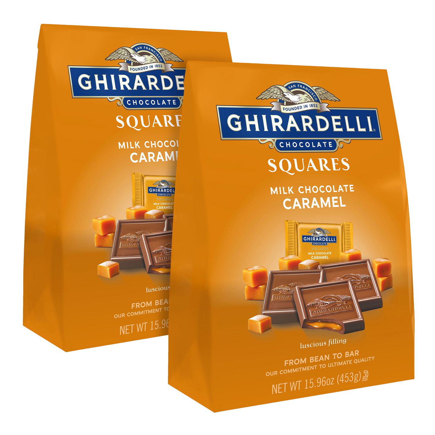 Milk Chocolate and Caramel Chocolate Squares, 15.96 oz Bag, 2/Carton