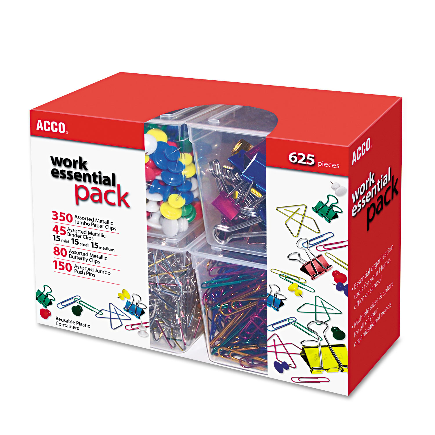  ACCO A7076233 350 Paper Clips, 150 Push Pins, 80 Butterfly Clips and 45 Binder Clips, Assorted (ACC76233) 