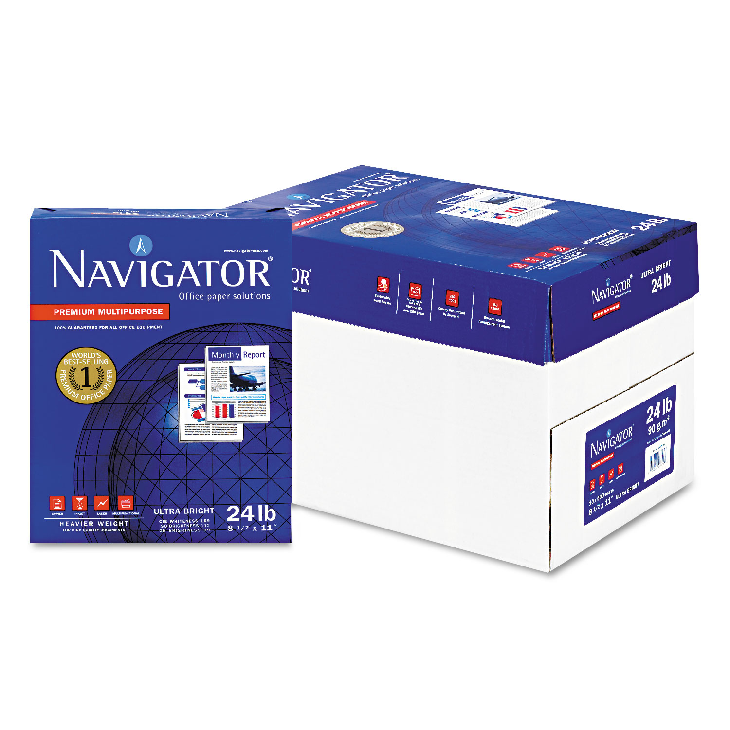  Navigator NMP1124 Premium Multipurpose Copy Paper, 99 Bright, 24lb, 8.5 x 11, White, 500 Sheets/Ream, 10 Reams/Carton (SNANMP1124) 