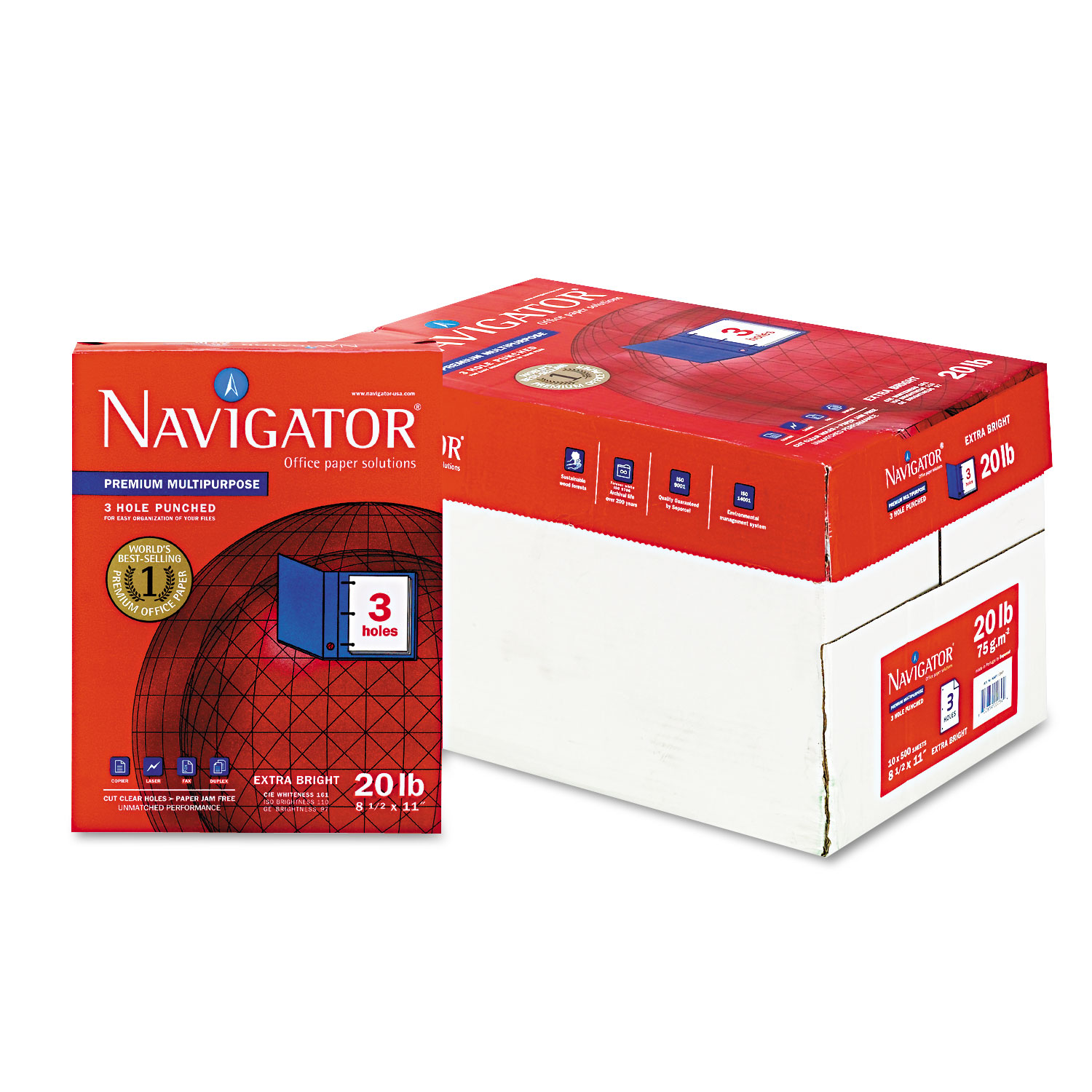  Navigator NMP113HP Premium Multipurpose Copy Paper, 97 Bright, 3-Hole, 20lb, 8.5 x 11, White, 500 Sheets/Ream, 10 Reams/Carton (SNANMP113HP) 