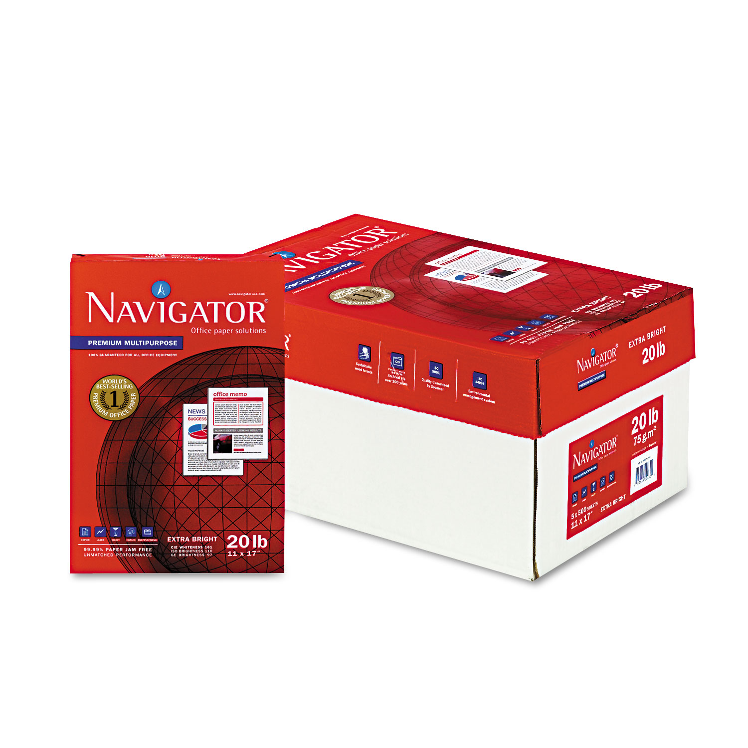  Navigator NMP1720 Premium Multipurpose Copy Paper, 97 Bright, 20lb, 11 x 17, White, 500 Sheets/Ream, 5 Reams/Carton (SNANMP1720) 