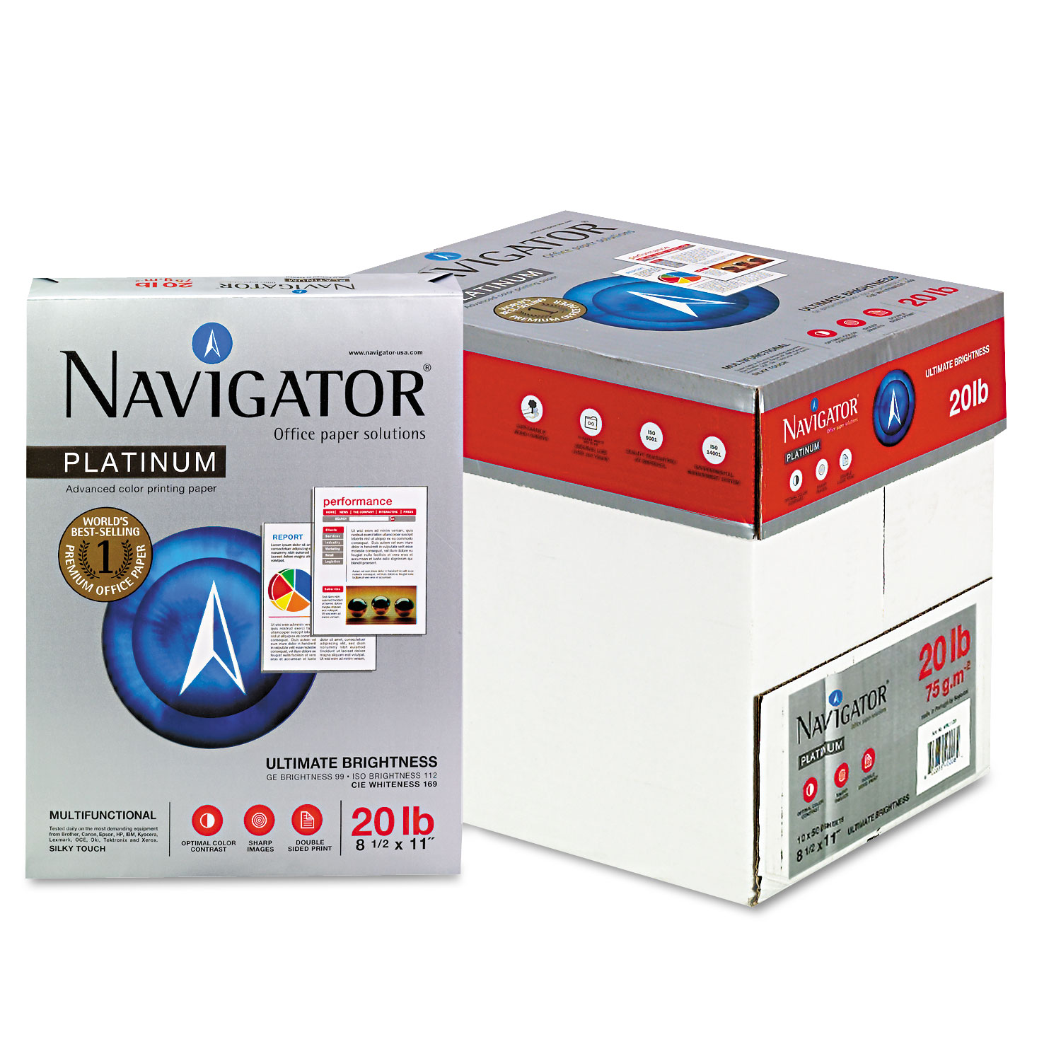  Navigator NPL11205R Platinum Paper, 99 Bright, 20lb, 8.5 x 11, White, 500 Sheets/Ream, 5 Reams/Carton (SNANPL11205R) 