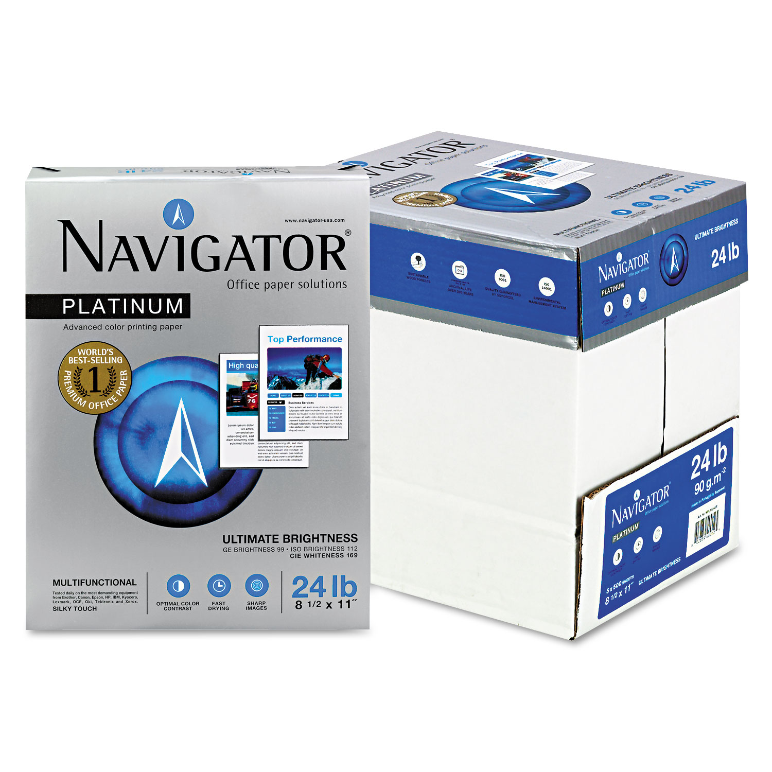  Navigator NPL11245R Platinum Paper, 99 Bright, 24lb, 8.5 x 11, White, 500 Sheets/Ream, 5 Reams/Carton (SNANPL11245R) 