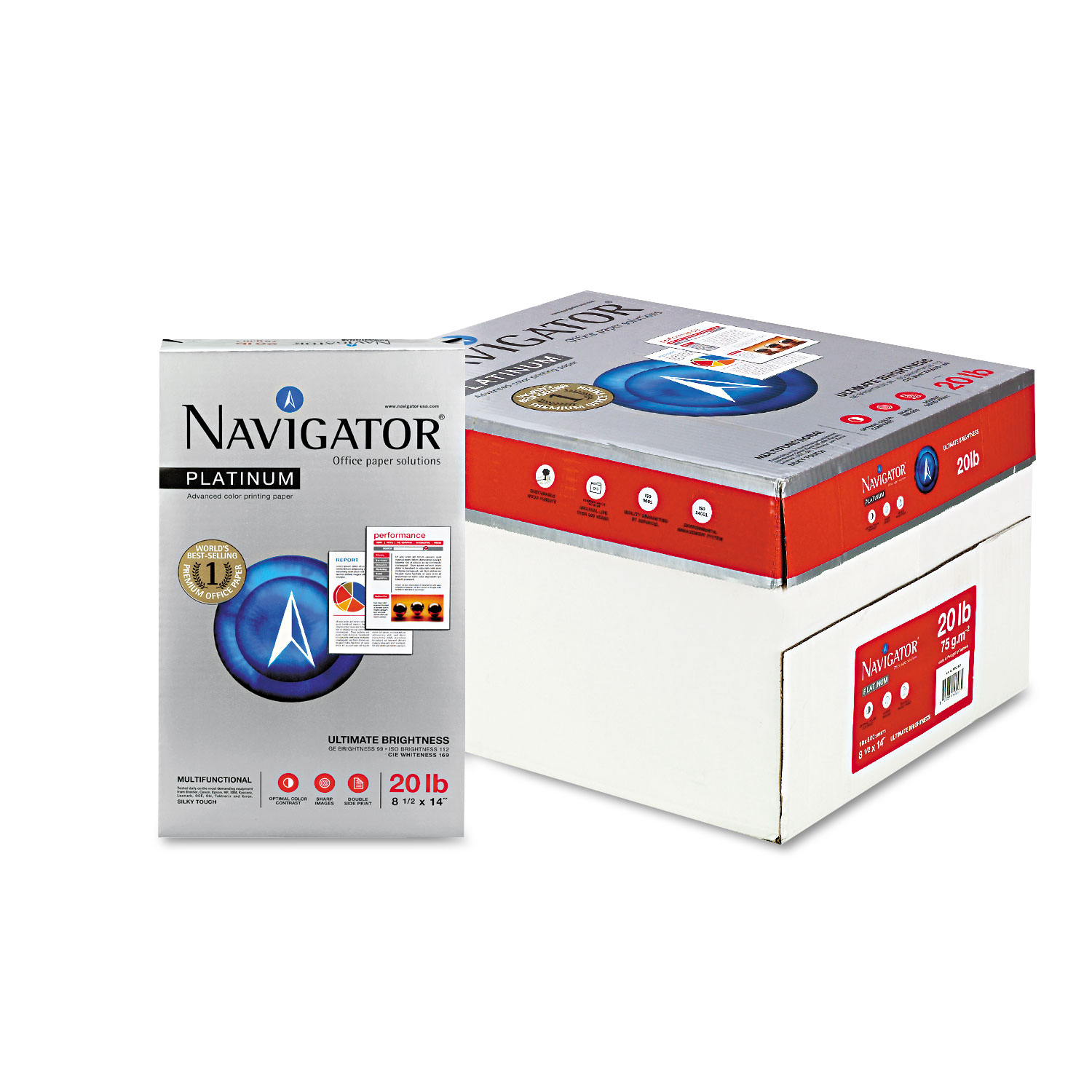  Navigator NPL1420 Platinum Paper, 99 Bright, 20lb, 8.5 x 14, White, 500 Sheets/Ream, 10 Reams/Carton (SNANPL1420) 