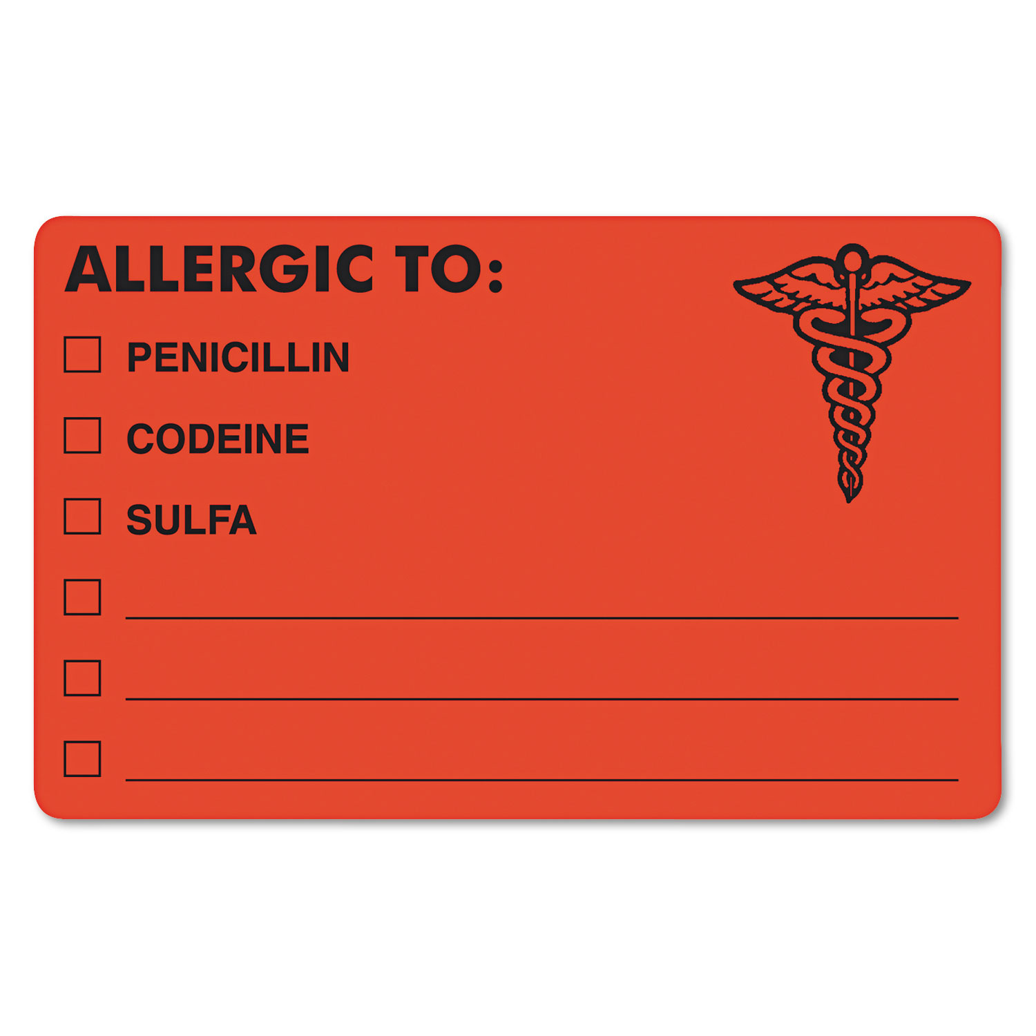  Tabbies MAP488 Allergy Warning Labels, ALLERGIC TO: PENICILLN, CODEINE, SULFA, 2.5 x 4, Fluorescent Red, 100/Roll (TAB00488) 