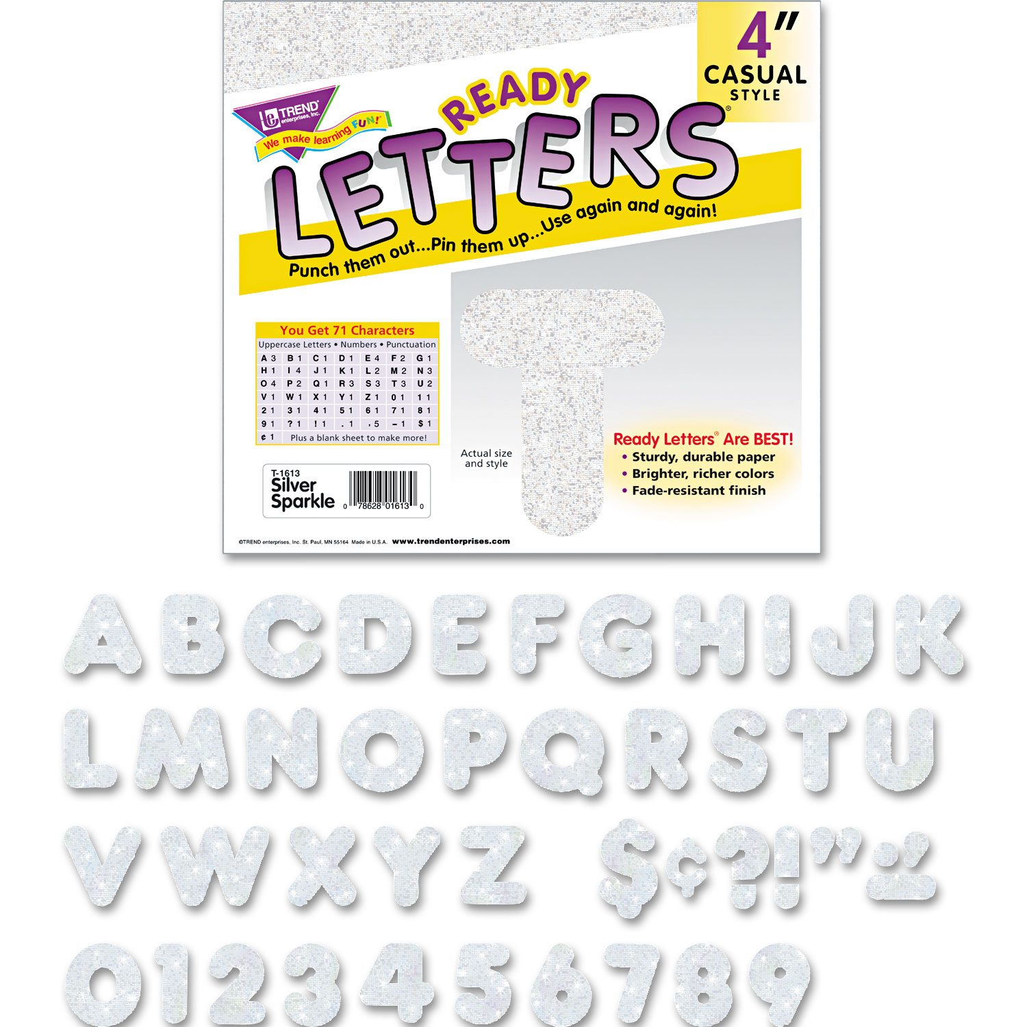  TREND T1613 Ready Letters Sparkles Letter Set, Silver Sparkle, 4h, 71/Set (TEPT1613) 