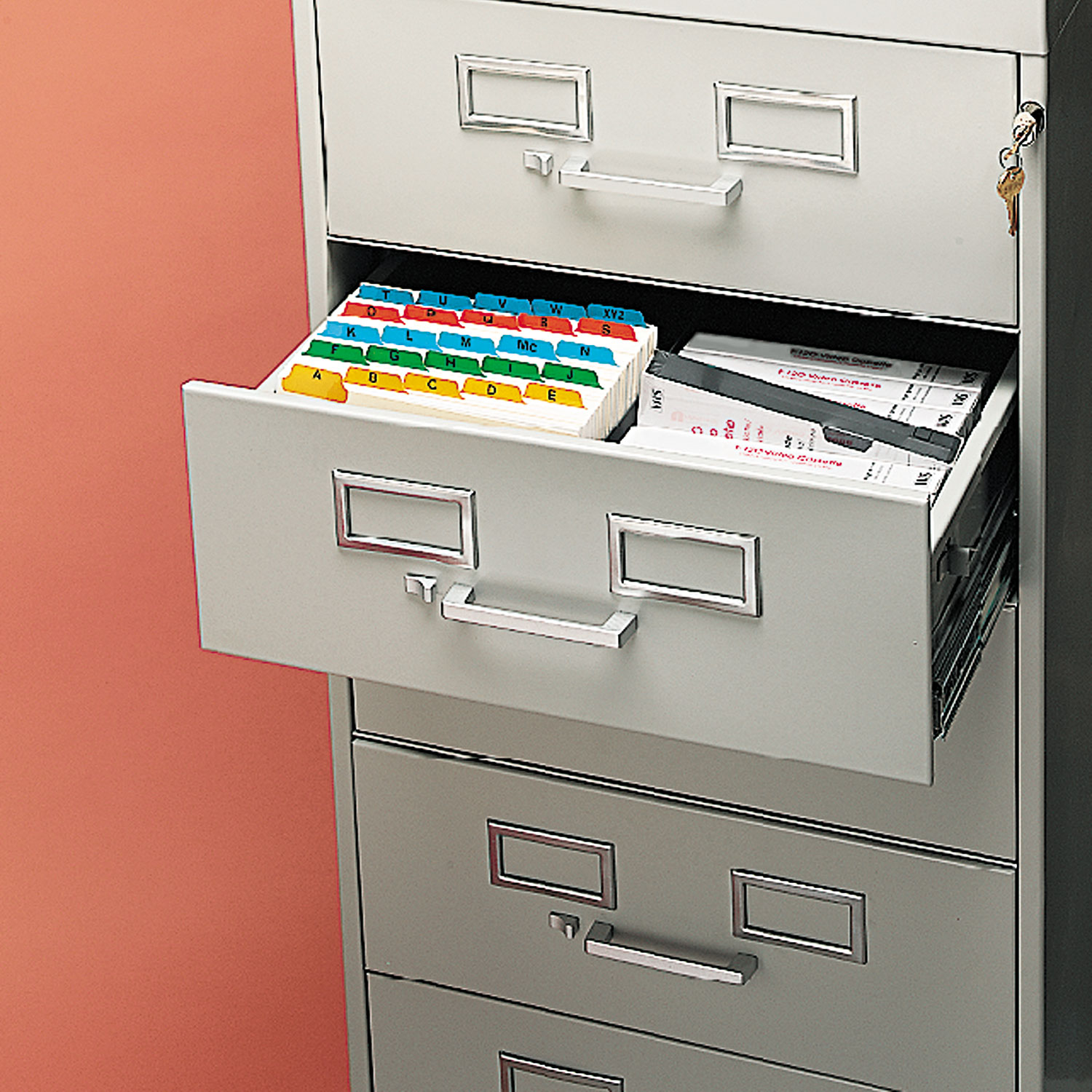 Seven-Drawer Multimedia Cabinet For 5 x 8 Cards, 19-1/8w x 52h, Putty