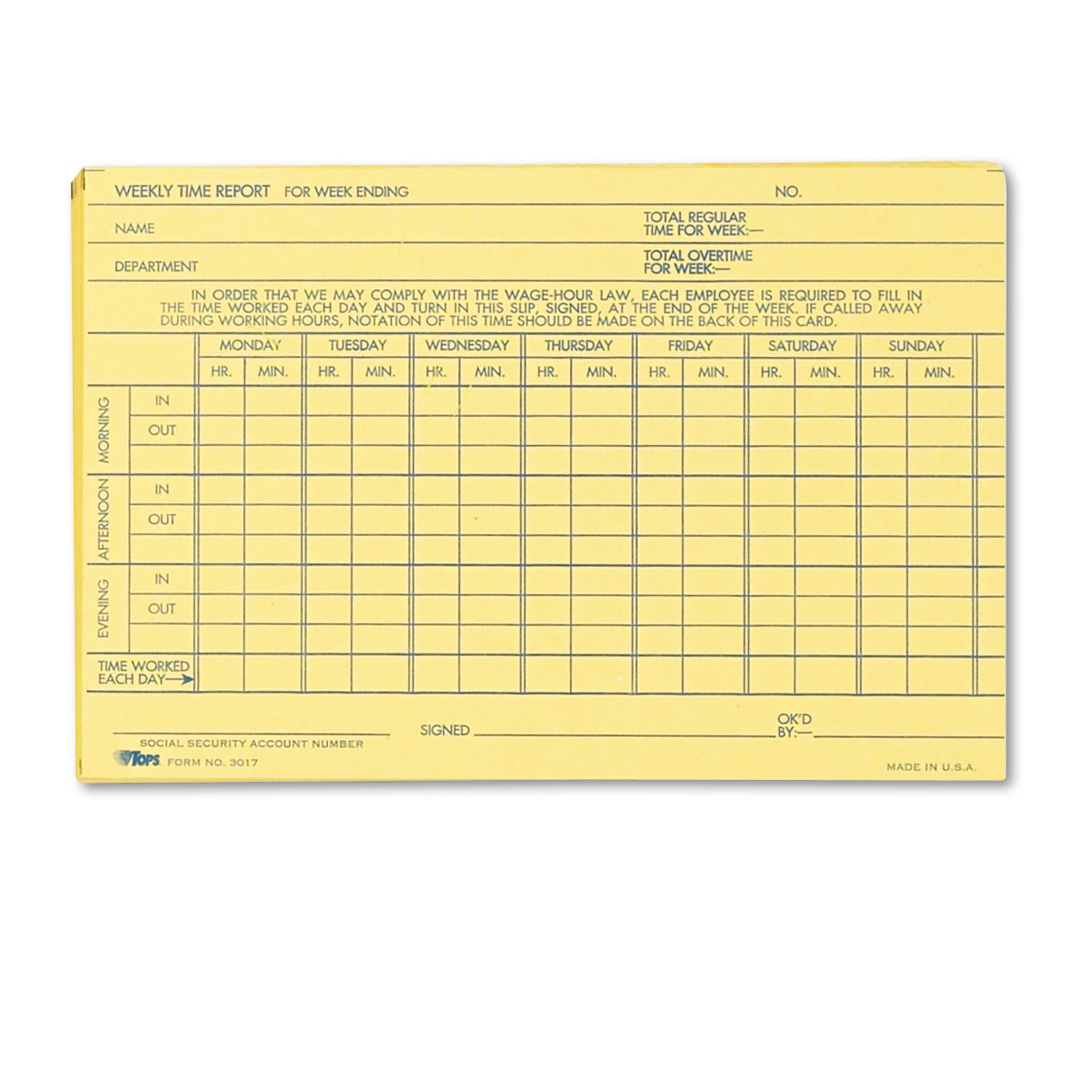  TOPS 3017 Employee Time Report Card, Weekly, 6 x 4, 100/Pack (TOP3017) 