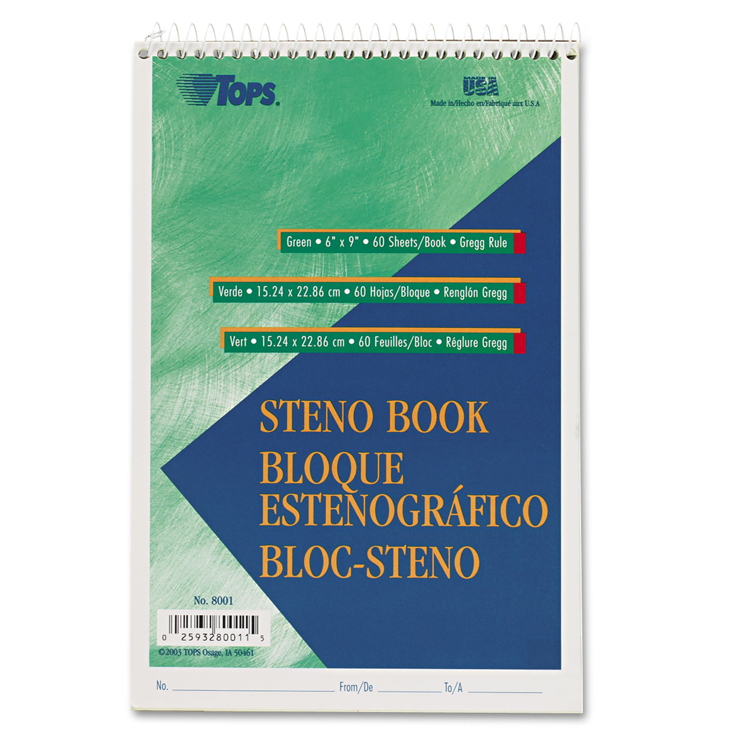  TOPS 8001 Gregg Steno Books, Gregg Rule, 6 x 9, Green Tint, 60 Sheets (TOP8001) 
