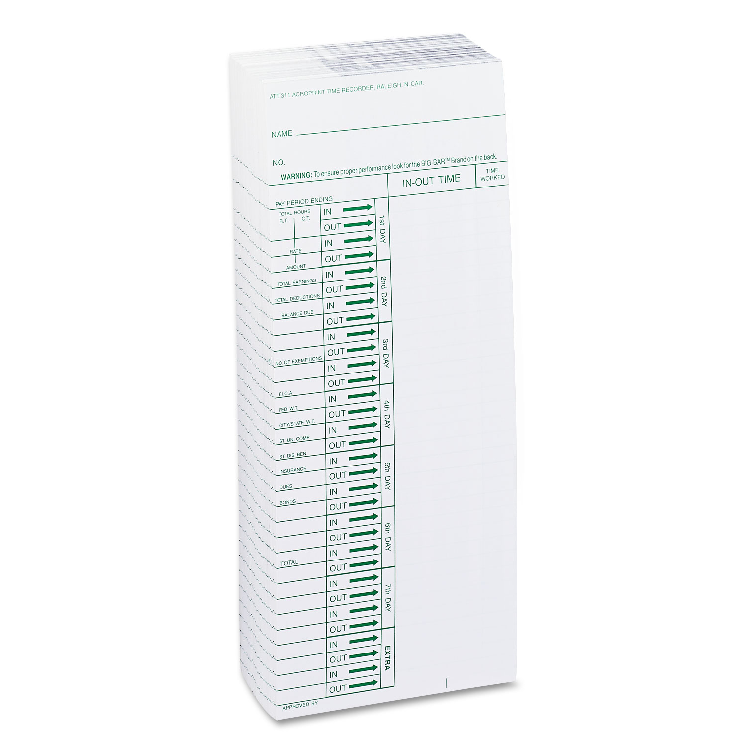 Time Card for Model ATT310 Electronic Totalizing Time Recorder, Weekly, 200/Pack