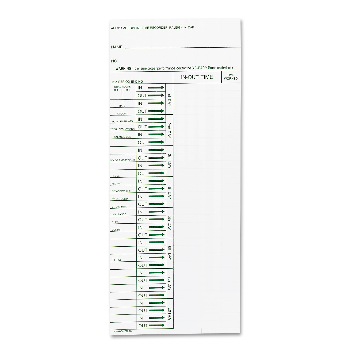  Acroprint 09-6103-080 Time Card for Model ATT310 Electronic Totalizing Time Recorder, Weekly, 200/Pack (ACP096103080) 