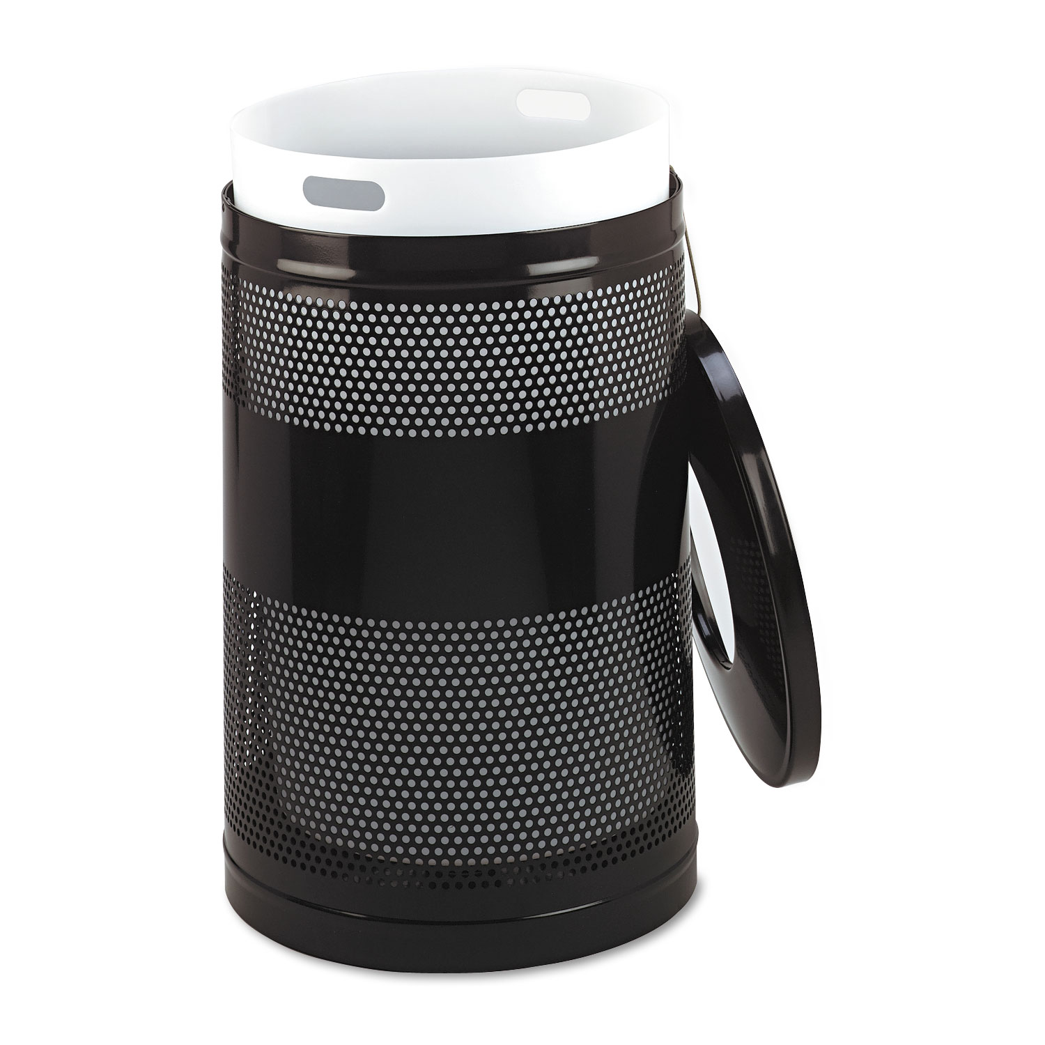 Classics Perforated Open Top Receptacle, Round, Steel, 51gal, Black