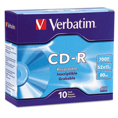 Verbatim® CD-R Recordable Disc, 700 MB/80 min, 52x, Slim Jewel Case, Silver, 10/Pack