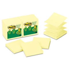 Post-it® Greener Notes Recycled Pop-up Notes, 3 x 3, Canary Yellow, 100-Sheet, 12/Pack