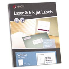 MACO® White Laser/Inkjet Full-Sheet Identification Labels, 8 1/2 x 11, White, 100/Box