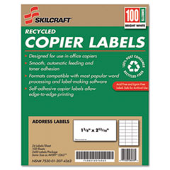 7530012074363, SKILCRAFT Recycled Copier Labels, Copiers, 1.38 x 2.81, White, 24/Sheet, 100 Sheets/Box