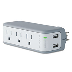 Belkin® Wall Mount Surge Protector, 3 AC Outlets/2 USB Ports, 918 J, Gray/White