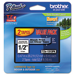 Brother P-Touch® TZe Standard Adhesive Laminated Labeling Tapes, 1/2"w, Black on Clear, 2/Pack
