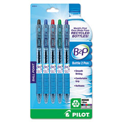 Pilot® B2P Bottle-2-Pen Recycled Ballpoint Pen, Retractable, Medium 1 mm, Assorted Ink Colors, Translucent Blue Barrel, 5/Pack