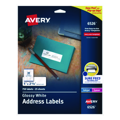 Glossy White Easy Peel Mailing Labels w/ Sure Feed Technology, Laser Printers, 1 x 2.63, White, 30/Sheet, 25 Sheets/Pack