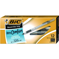 BIC® Round Stic Grip Xtra Comfort Ballpoint Pen, Stick, Fine 0.8 mm, Black Ink, Gray/Black Barrel, Dozen