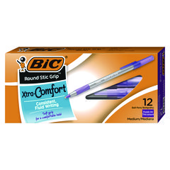 BIC® Round Stic Grip Xtra Comfort Ballpoint Pen, Easy-Glide, Stick, Medium 1.2 mm, Purple Ink, Gray/Purple Barrel, Dozen