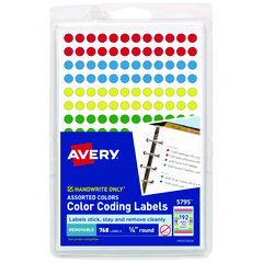 Avery® Handwrite Only Self-Adhesive Removable Round Color-Coding Labels, 0.25" dia, Assorted, 192/Sheet, 4 Sheets/Pack, (5795)