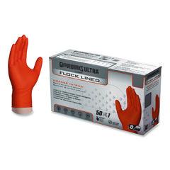 GloveWorks® by AMMEX® Ultra Industrial Flock-Lined Nitrile Disposable Gloves, Large, 8 mil Thick, 9.06" Long, Orange, 50/Box, 10 Boxes/Carton