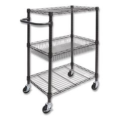 Three-Tier Wire Cart with Basket, Metal, 2 Shelves, 1 Bin, 500 lb Capacity, 28" x 16" x 39", Black Anthracite ALESW342416BA