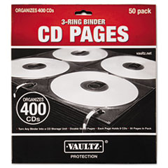 Vaultz® Two-Sided CD Refill Pages for Three-Ring Binder, 8 Disc Capacity, Clear/Black, 50/Pack
