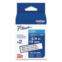 TZe Standard Adhesive Laminated Labeling Tape, 0.7" x 26.2 ft, Black on White, 2/Pack BRTTZE2412PK