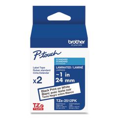 TZe Standard Adhesive Laminated Labeling Tape, 0.94" x 26.2 ft, Black on White, 2/Pack BRTTZE2512PK