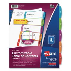 Customizable TOC Ready Index Multicolor Tab Dividers, 5-Tab, 1 to 5, 11 x 8.5, White, Contemporary Color Tabs, 1 Set AVE11840